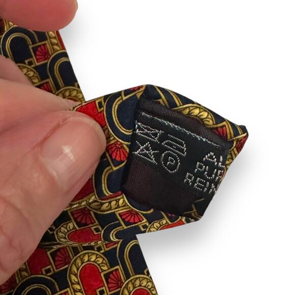 LANVIN Paris Neck Tie Vtg 100% Silk Made in France Geometric Navy Blue Red Gold - Picture 5 of 9
